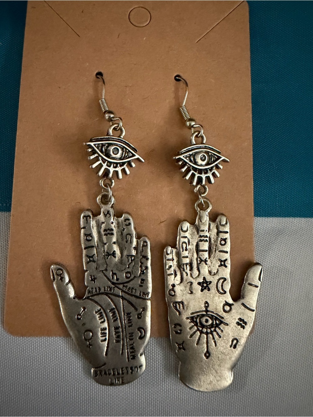 Mystic Palmistry Silver-Tone Hand & Eye Dangle Earrings - Picture 2 of 3